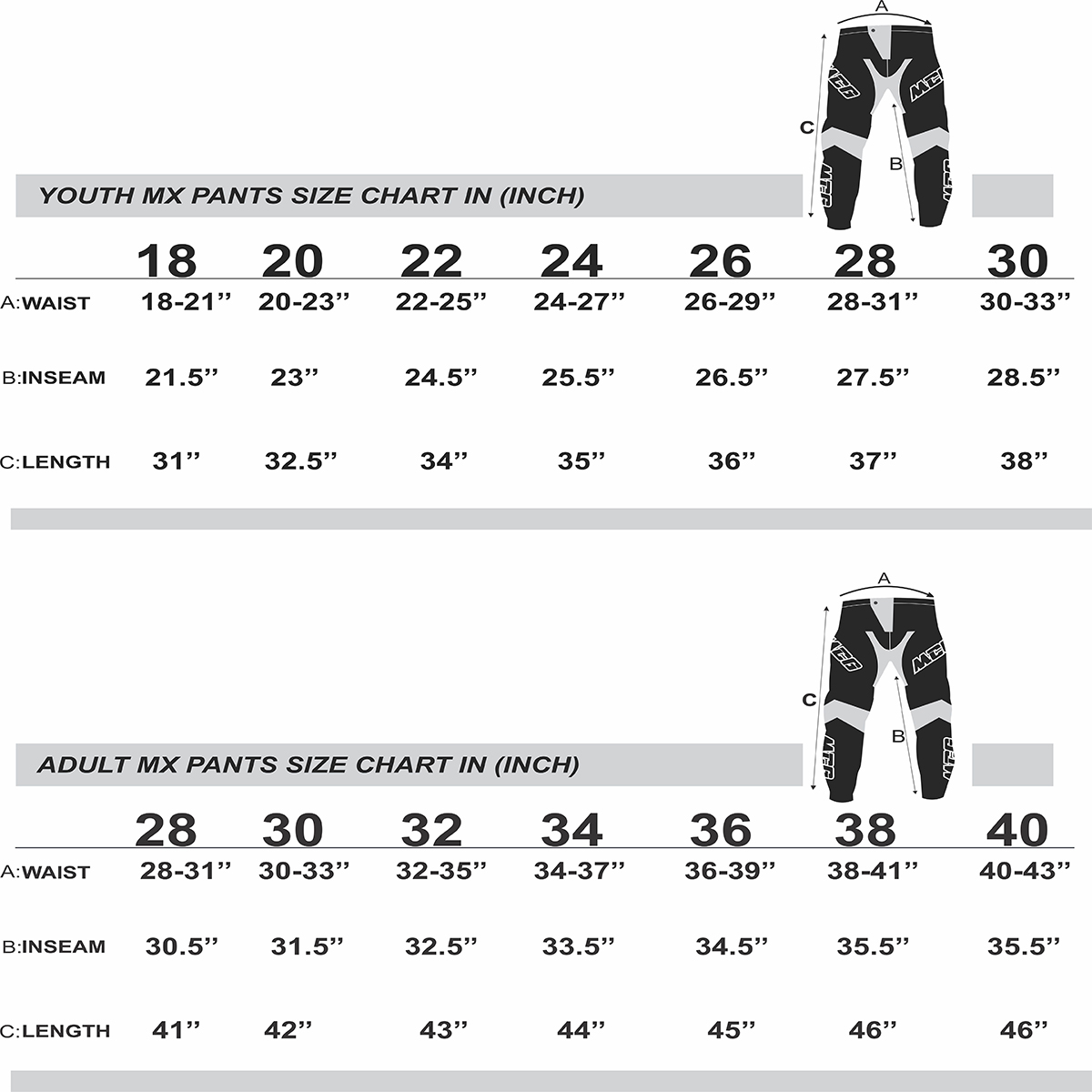 Size Chart Moto Cross Gears